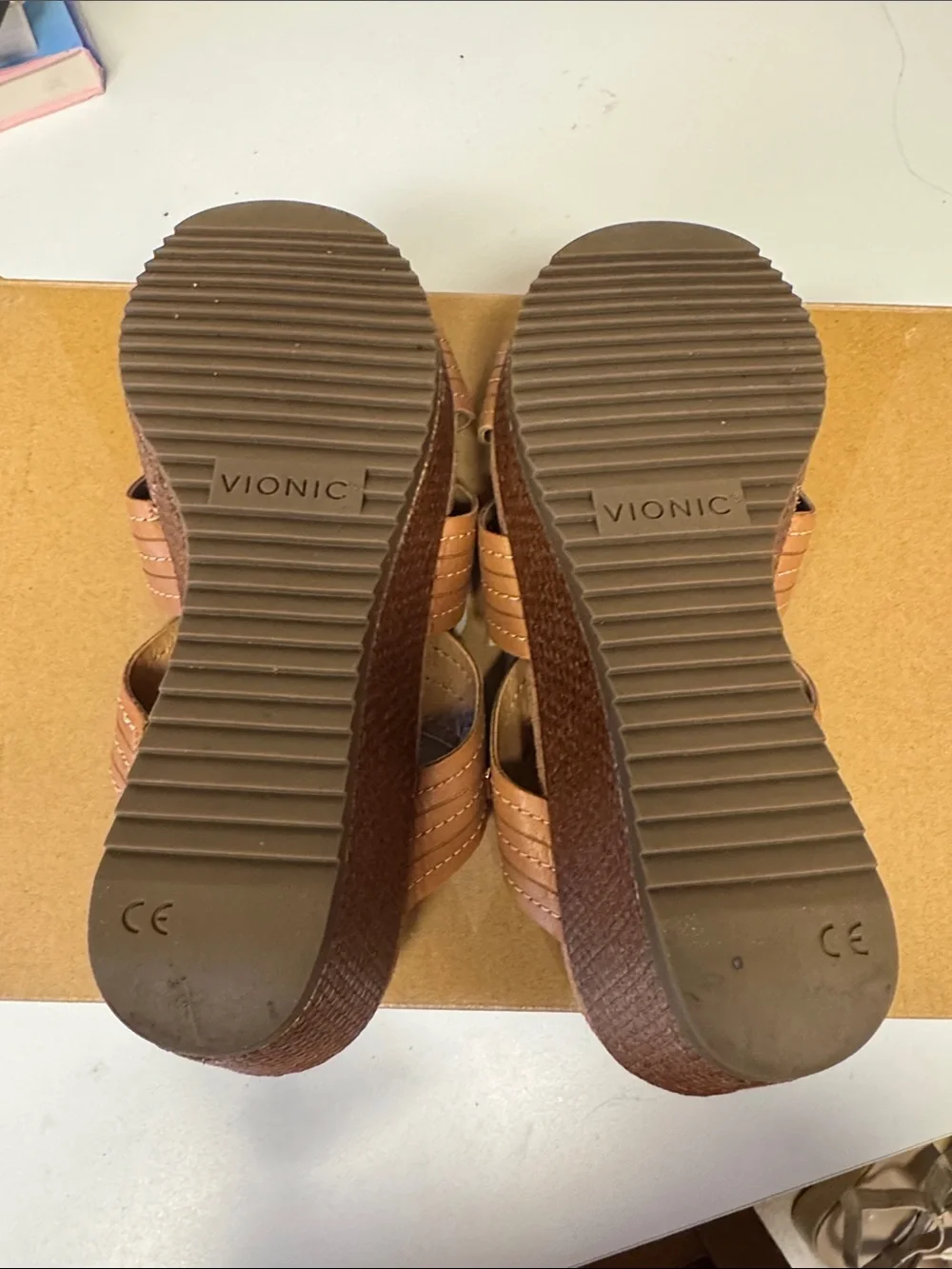 Vionic Brown Wedge Slide Sandals with Wave Stitch Straps